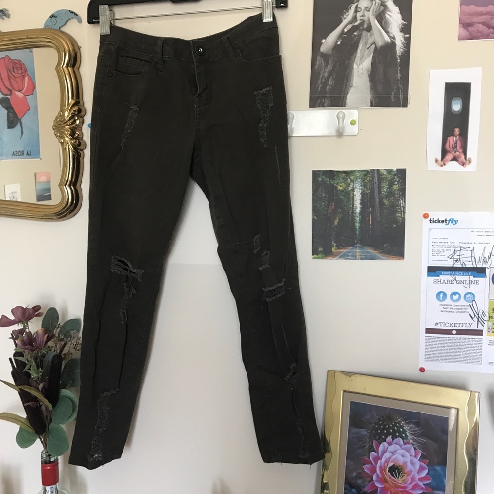 Dark olive green frayed skinny jeans
